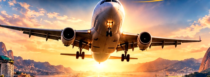 Avión despegando al atardecer
